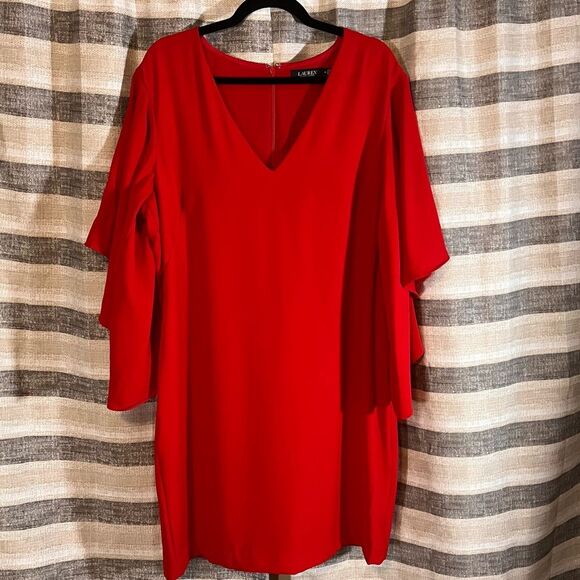 Ralph Lauren Red‎ Flutter Sleeve Dress Size 16 - Picture 1 of 9
